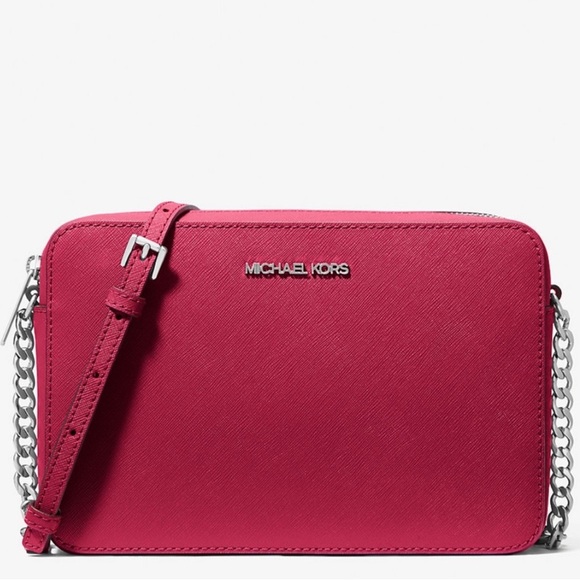 Michael Kors Jet Set Large Saffiano Leather Crossbody Bag Dark Raspberry - Picture 1 of 10